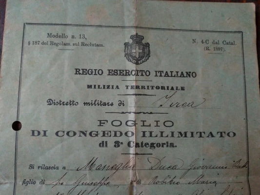 IVREA 1899 VISTRORIO ALICE SUPERIORE Milizia Regio Esercito Italiano Congedo