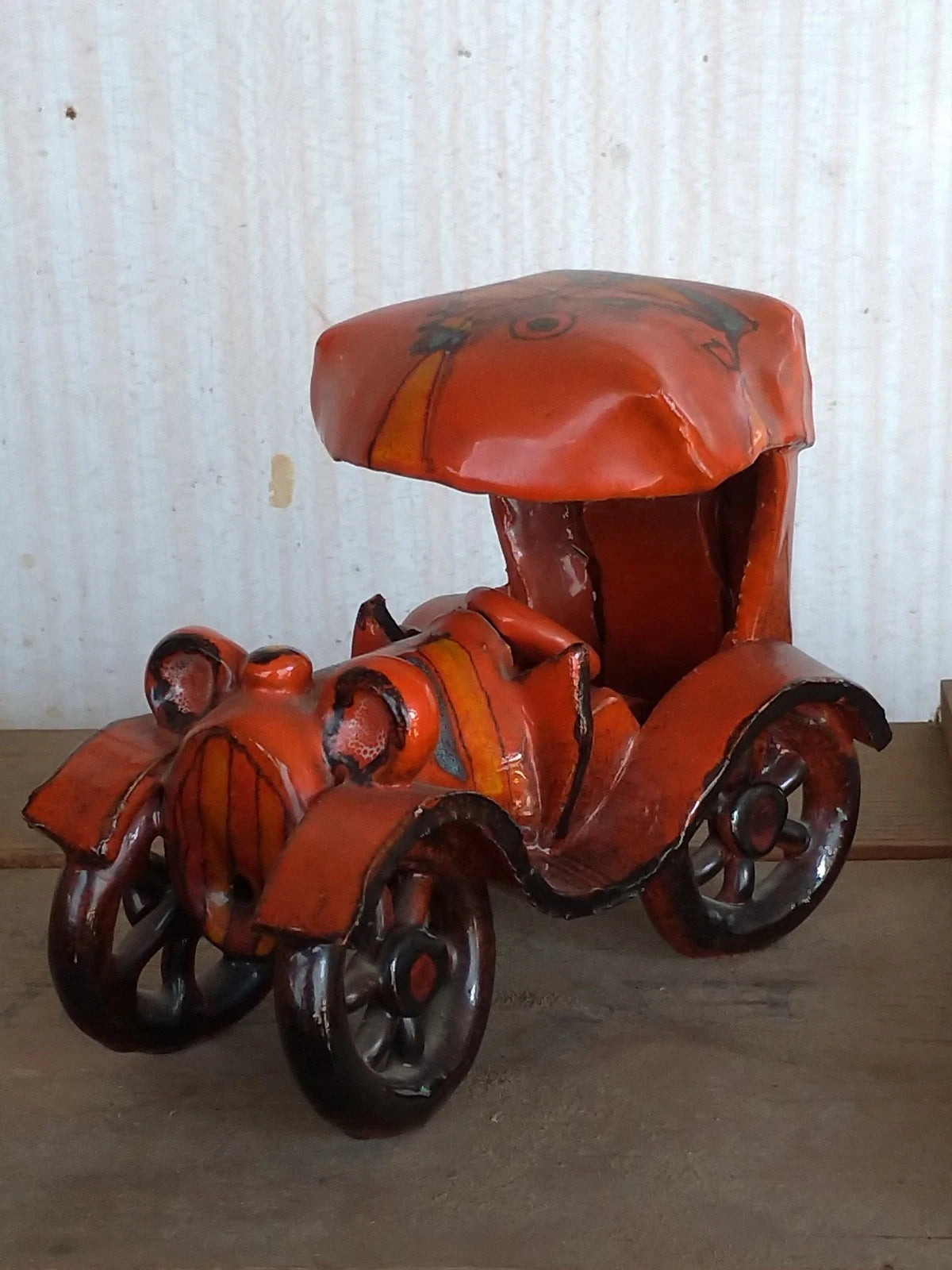 Verzolini Majolica 1970s Scultura Ceramica Policroma Macchinina Macchina Auto