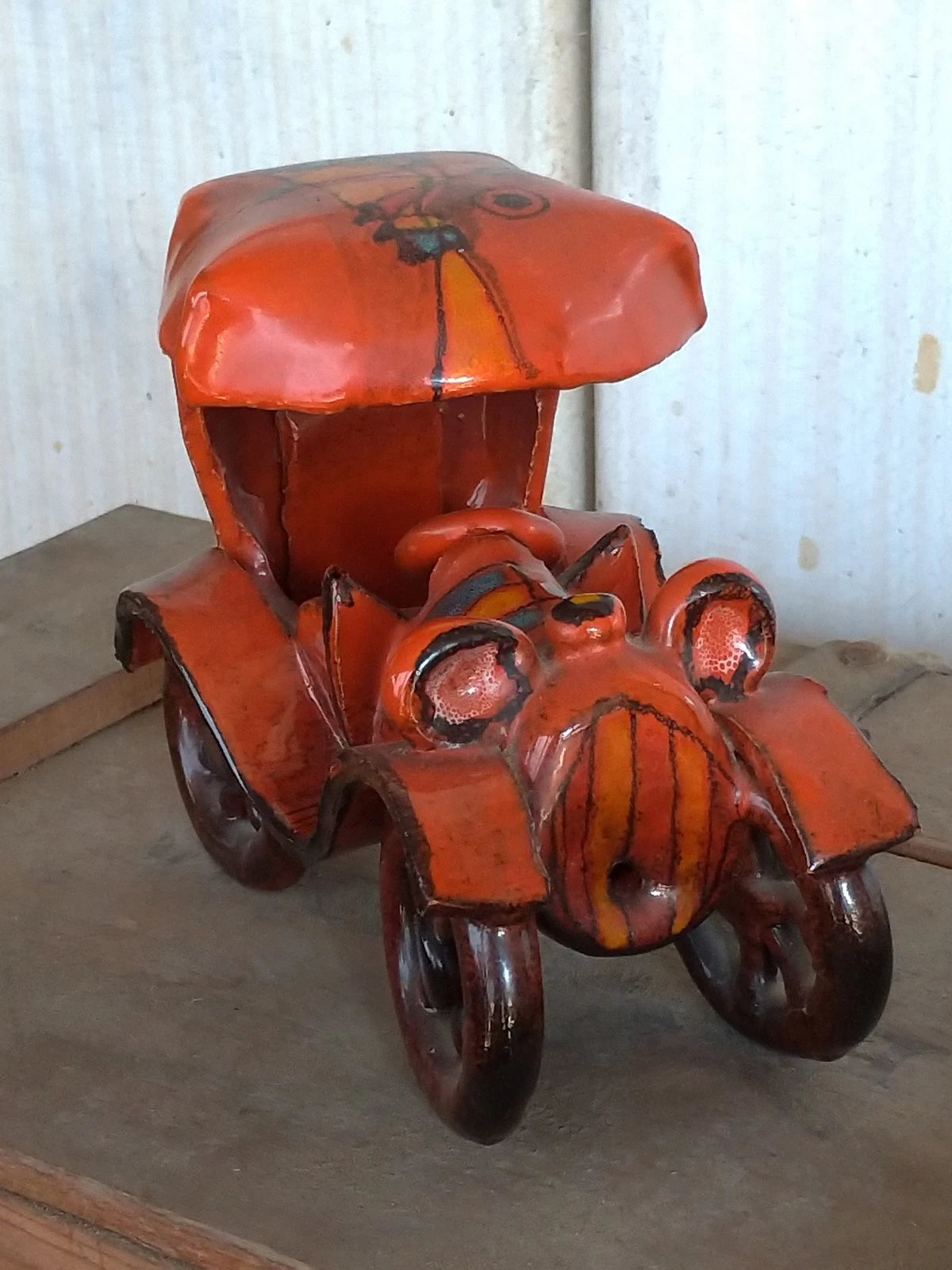 Verzolini Majolica 1970s Scultura Ceramica Policroma Macchinina Macchina Auto
