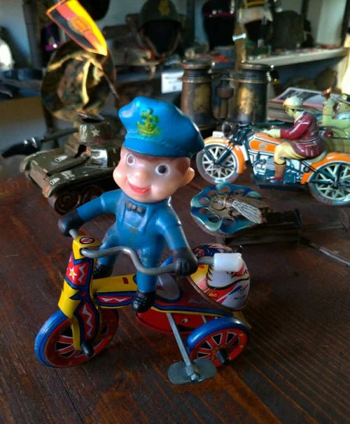 Police Tricycle Tin Wind-Up Clockwork Korean Mtu 1960s 1950s Working Bell Cop