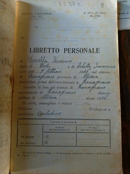 Romagnano NOVARA Libretto Personale Regio Esercito Italiano 1906 1928