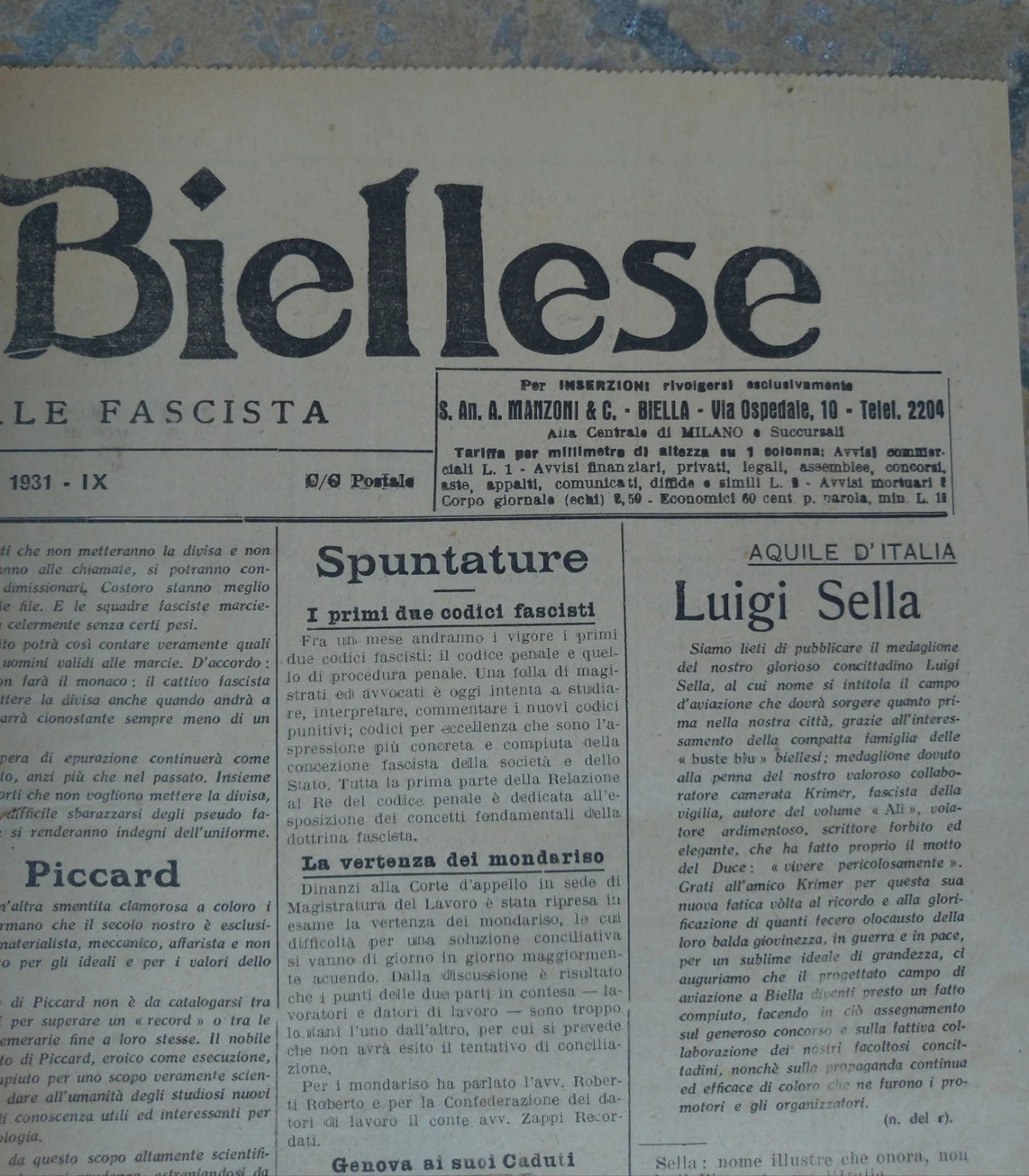 IL BIELLESE 1931 4 Giugno Biella Fascista