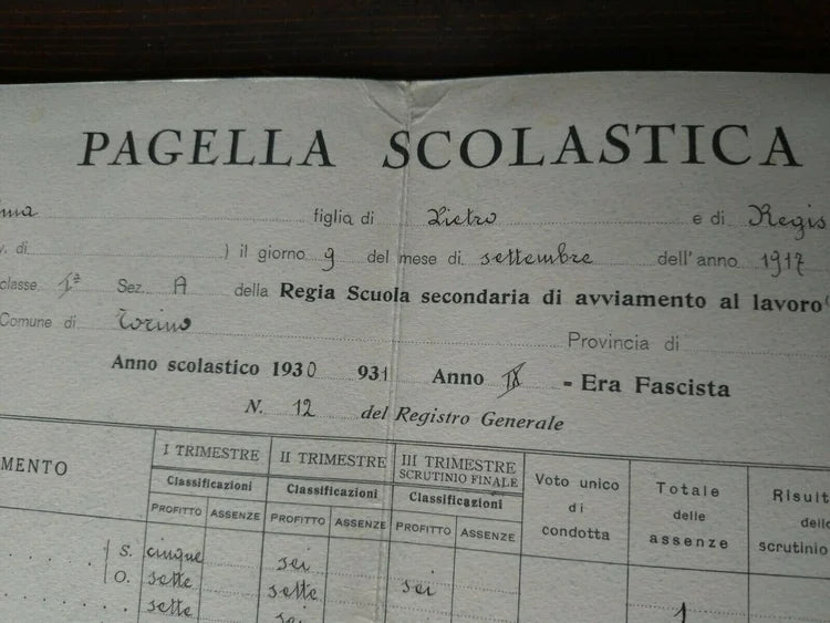 TORINO REGINA ELENA 1930 1931 PAGELLA ONB GIL