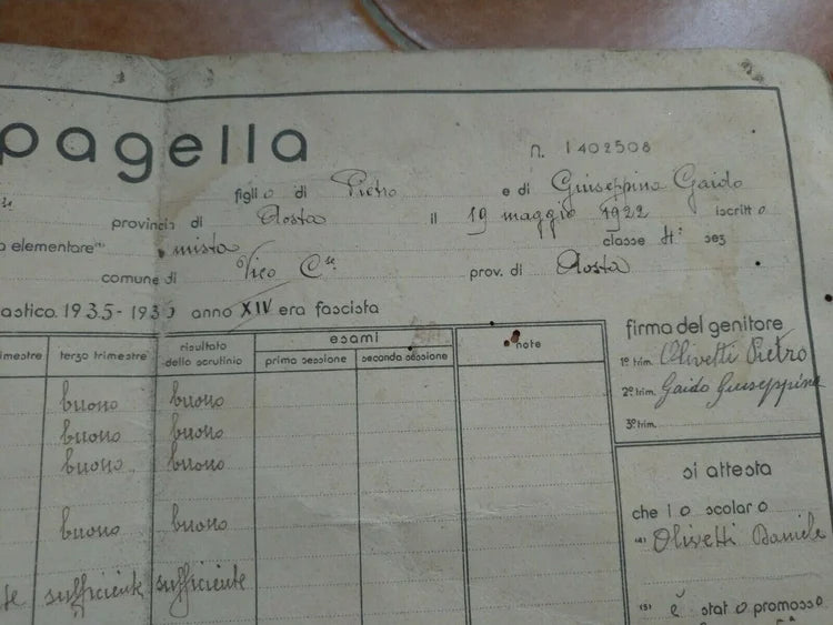 Olivetti Meugliano Vico Canavese Pagella 1935 36