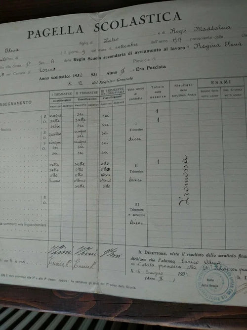 TORINO REGINA ELENA 1930 1931 PAGELLA ONB GIL