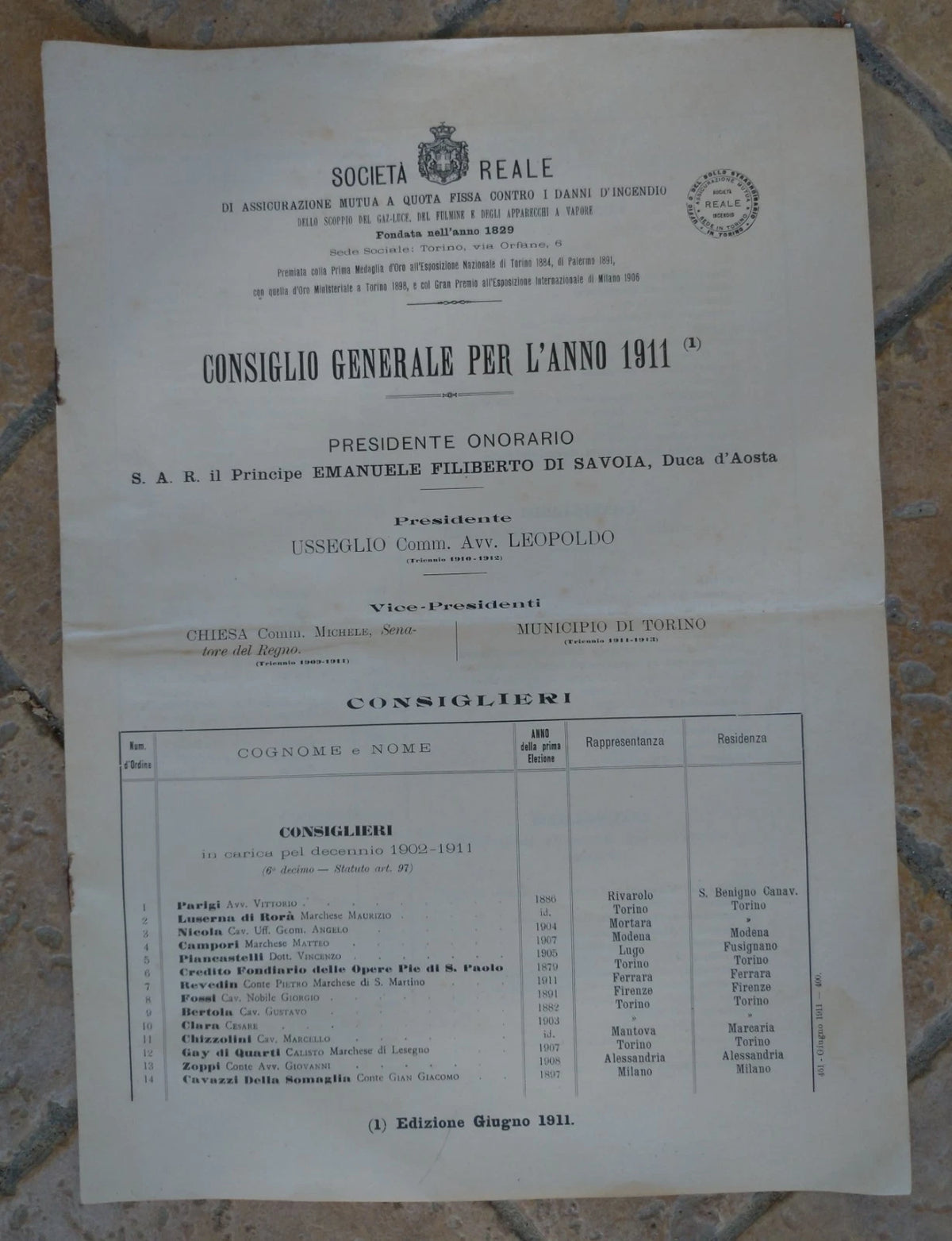 Consiglio Generale Anno 1911 Società Reale Consiglieri Regno d'Italia Savoia