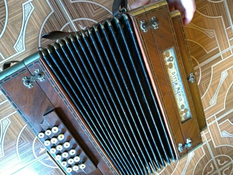 DITTA MERLO VERCELLI ITALIA anni 20 Antico Organetto Fisarmonica Madreperla e Legno
